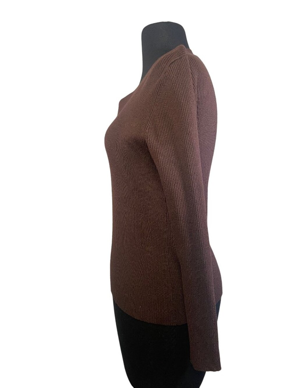 Isabella Bird Womens Ribbed V-Neck Sweater Brown S Rayon Blend Long Sleeve - Picture 3 of 6